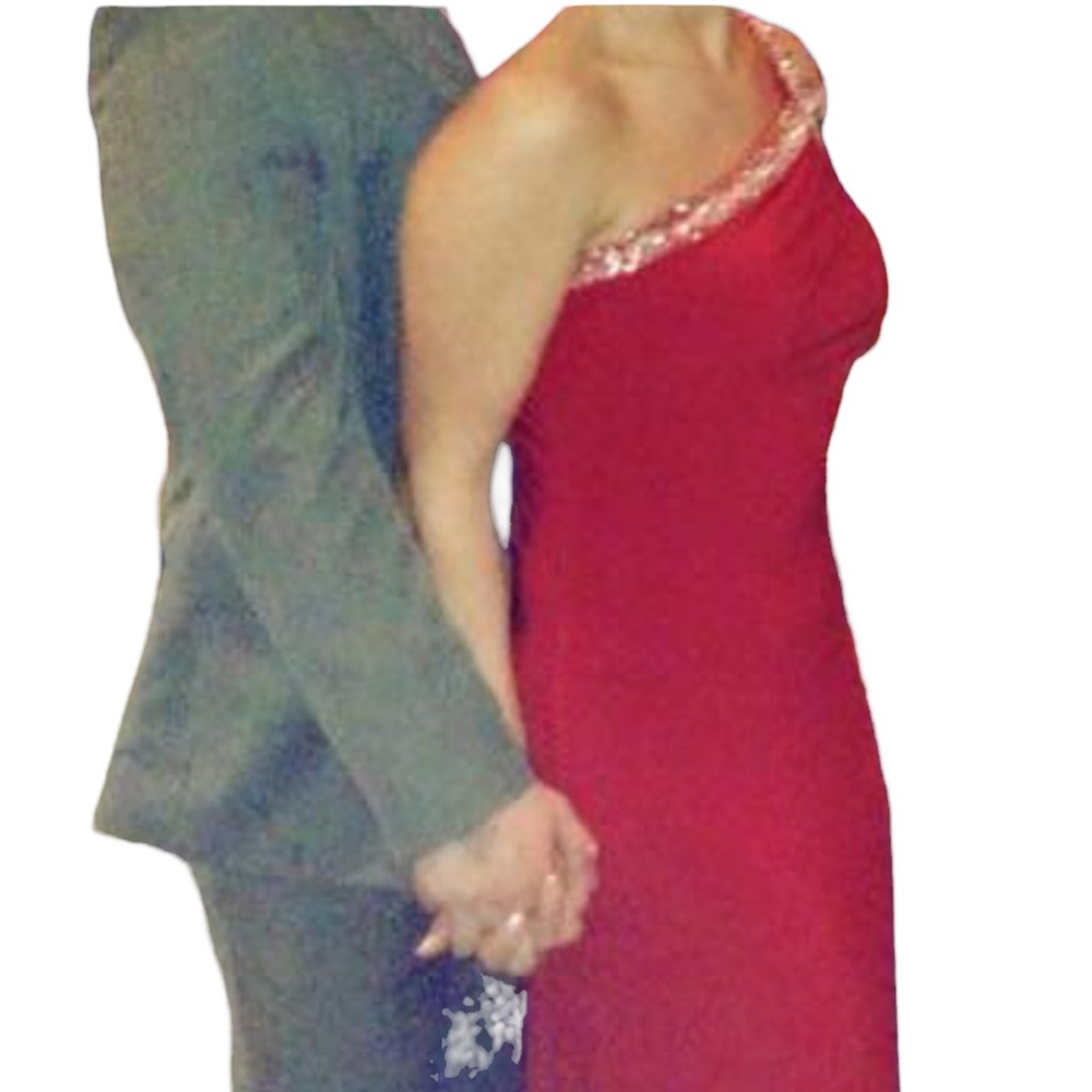 Red one-shoulder evening gown.